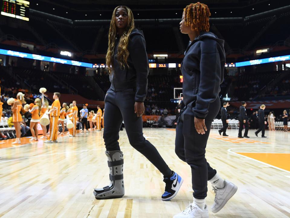 Tennessee's Rickea Jackson (2) and Jasmine Powell (15) before the start of the NCAA college basketball game against Troy on Sunday, November 19, 2023 in Knoxville, Tenn.