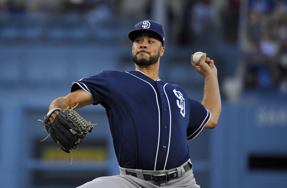 San Diego Padres starting pitcher Joey Lucchesi throws during the first inning of the team's baseball game against the Los Angeles Dodgers on Thursday, Aug. 1, 2019, in Los Angeles. (AP Photo/Mark J. Terrill)