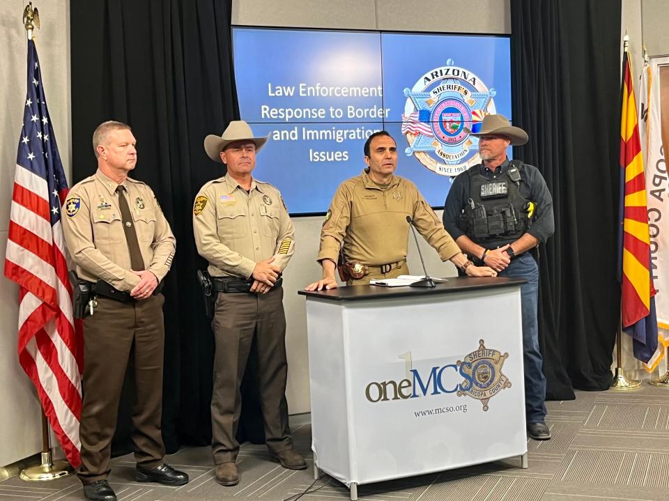 Maricopa County Sheriff Paul Penzone, Yavapai County Sheriff David Rhodes, Pinal County Sheriff Mark Lamb and Coconino County Sheriff's Office Chief Deputy Bret Axlund held a news conference May 10, 2023, in Phoenix to discuss public safety concerns ahead of the expiration of pandemic-era Title 42 restrictions on immigration on May 11, 2023.