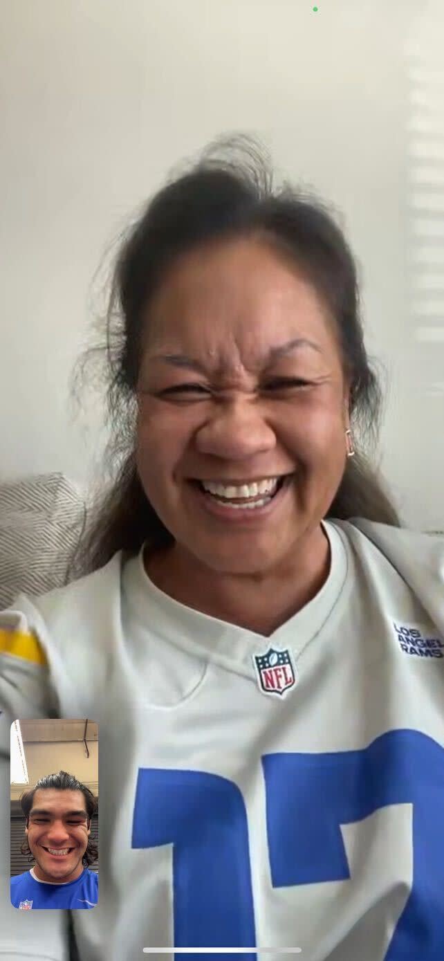 Rams rookie receiver Puka Nacua FaceTimed his mother, Penina, after catching the game-winning touchdown in overtime last Sunday vs. the Colts. (Courtesy of Puka Nacua)