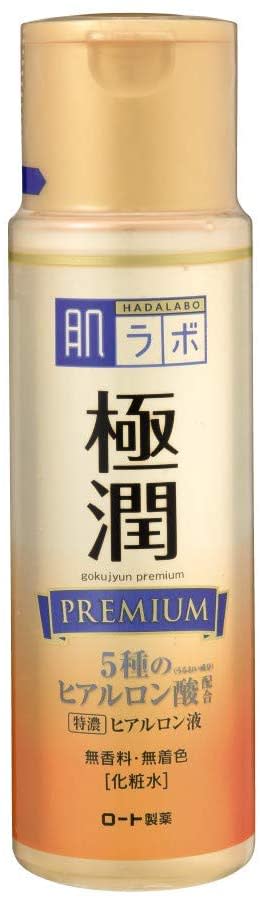 Gold toned bottle of Hadalabo Gokujun premium hyaluronic solution, $32.99 with Japanese characters.