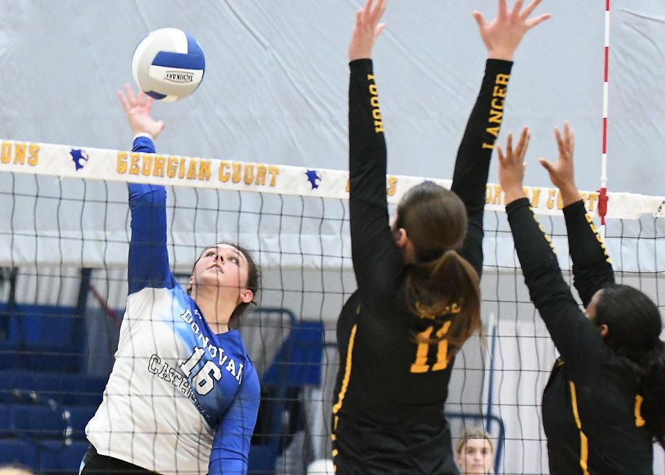 Donovan Catholic's Macayla Lindner goes up for a shot vs. St. John Vianney. Ocean County Volleyball semifinals at Georgian Court on 10/23/2023.
Donovan Catholic defeats St. John Vianney and Southern defeats Barnegat to move on to the finals