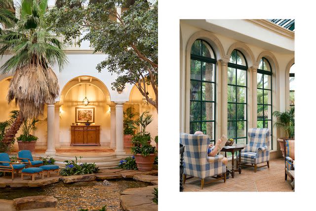 <p>Lindsey Harris Shorter</p> From left: The entrance to the spa at the Cloister at Sea Island; a quiet moment in the solarium.