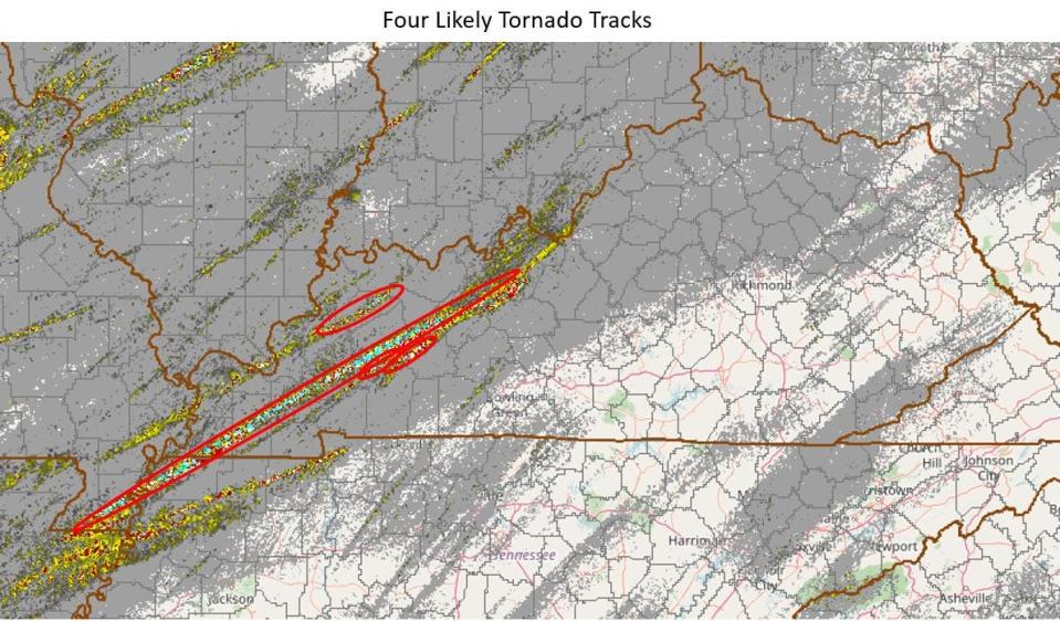 Four likely tornado tracks (each circled in red) ripped through Western Kentucky, causing an estimated 70 to 100 deaths.