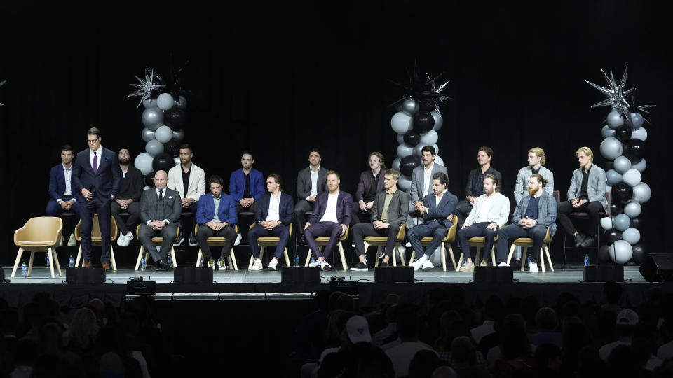 The players of Utah's new NHL hockey team are introduced Wednesday, April 24, 2024, in Salt Lake City. (AP Photo/Rick Bowmer)