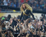 Feb 7, 2016; Santa Clara, CA, USA; Beyonce performs at halftime in Super Bowl 50 between the Carolina Panthers and the Denver Broncos at Levi's Stadium. Robert Hanashiro-USA TODAY Sports