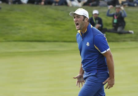 Golf - 2018 Ryder Cup at Le Golf National - Guyancourt, France - September 30, 2018 - Team Europe's Jon Rahm celebrates during the Singles REUTERS/Carl Recine