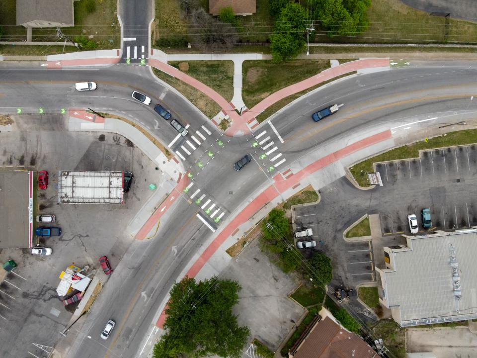 A drone captures a bicycle safety infrastructure improvement project at the intersection of Payton Gin and Ohlen roads.