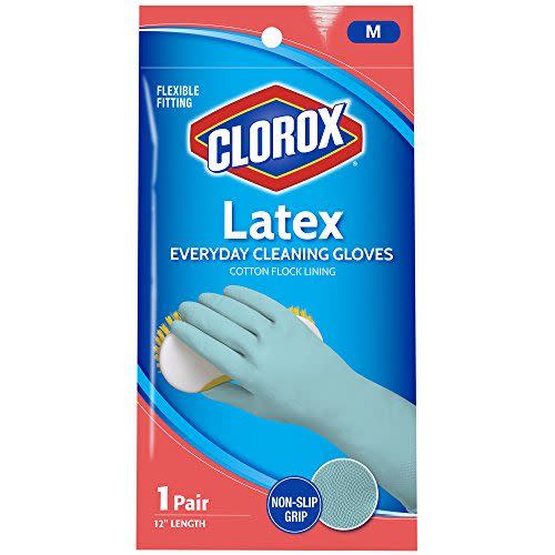 <p><strong>Clorox</strong></p><p>amazon.com</p><p><strong>$5.99</strong></p><p><a href="https://www.amazon.com/dp/B077JLLS14?tag=syn-yahoo-20&ascsubtag=%5Bartid%7C10063.g.36389311%5Bsrc%7Cyahoo-us" rel="nofollow noopener" target="_blank" data-ylk="slk:Shop Now;elm:context_link;itc:0;sec:content-canvas" class="link ">Shop Now</a></p><p>These gloves are comfortable and durable. They'll stand up to a heavy duty cleaning project and have the added benefit of being made from a natural BPA-free latex material.</p>