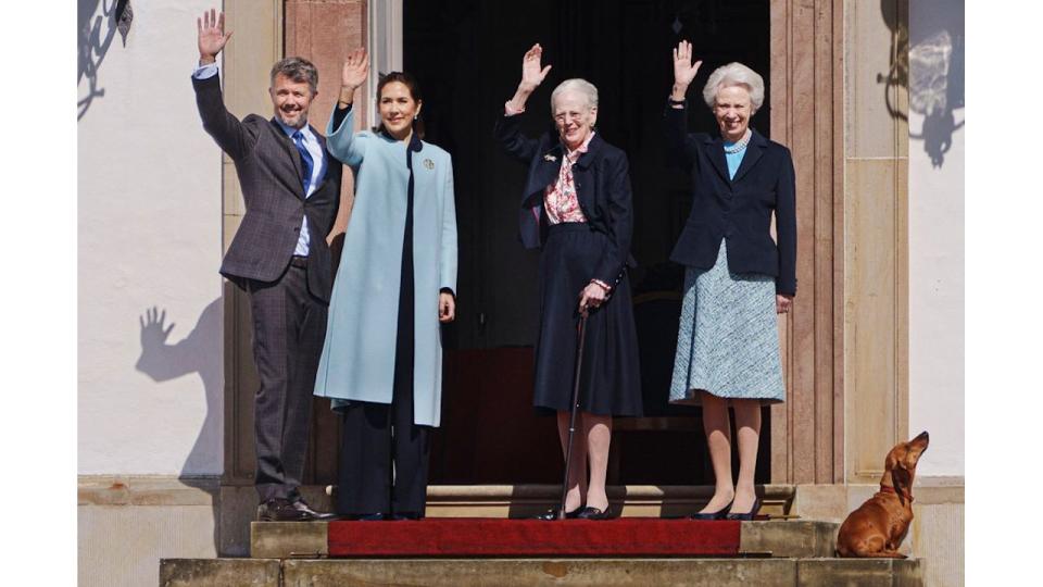 Queen Margrethe II  (2ndR) together with Denmark's Princess Benedikte (R), Queen Mary of Denmark and King Frederik X of Denmark wave to onlookers at Fredensborg Castle  ahead of festivities of Queen Margrethe's 84th birthday in Fredensborg, Denmark