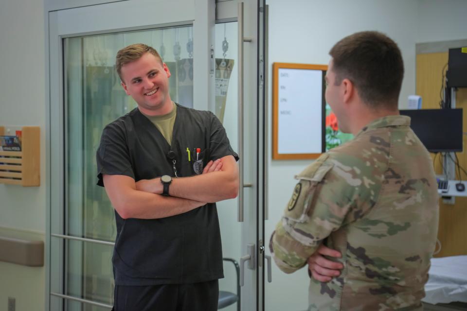 U.S. Army Cadet Command (ROTC) Nursing Summer Training Program participant Cadet Jason Kramer, left, is one of four college nursing students gaining clinical experience at Blanchfield Army Community Hospital, Fort Campbell, Kentucky, July 5-31.