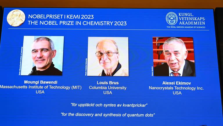 Moungi Bawendi, Louis Brus y Alexei Ekimov, ganadores del Premio Nobel de Química 2023. Foto: AFP