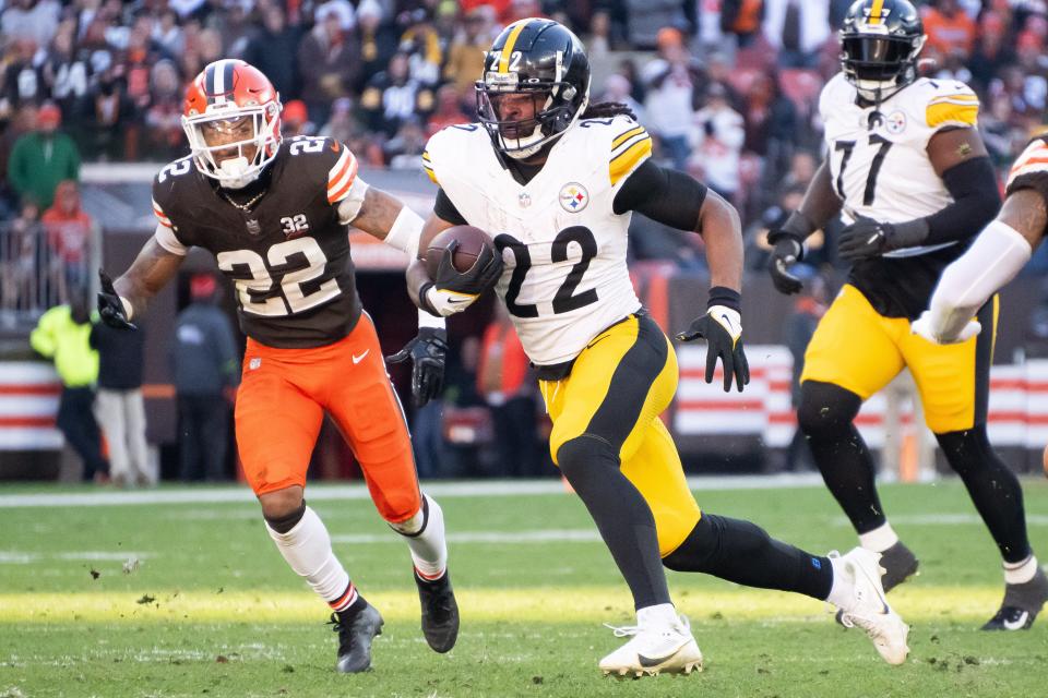 Nov 19, 2023; Cleveland, Ohio, USA; Cleveland Browns safety Grant Delpit (22) chases Pittsburgh Steelers running back Najee Harris (22) during the second half at Cleveland Browns Stadium. Mandatory Credit: Ken Blaze-USA TODAY Sports