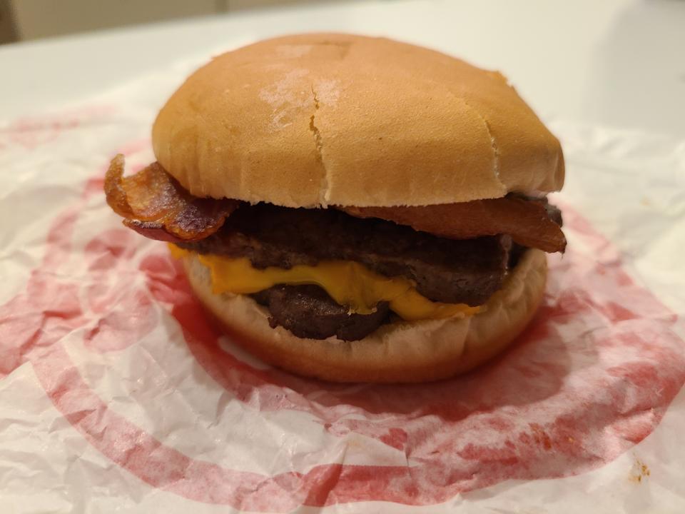 wendys bacon double stack on a red and white wrapper