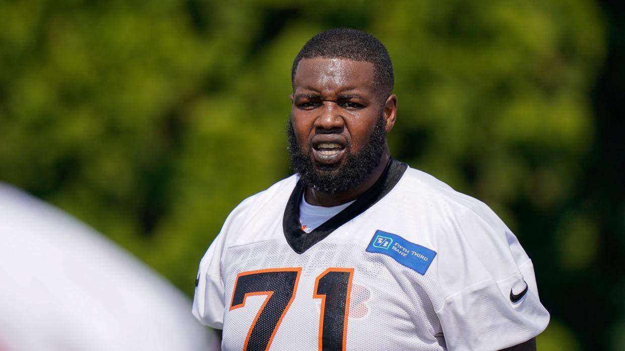 Mandatory Credit: Photo by Bryan Woolston/AP/Shutterstock (10349254p)Cincinnati Bengals offensive guard Andre Smith (71) watches practice during NFL football training camp, in CincinnatiBengals Football, Cincinnati, USA - 28 Jul 2019.