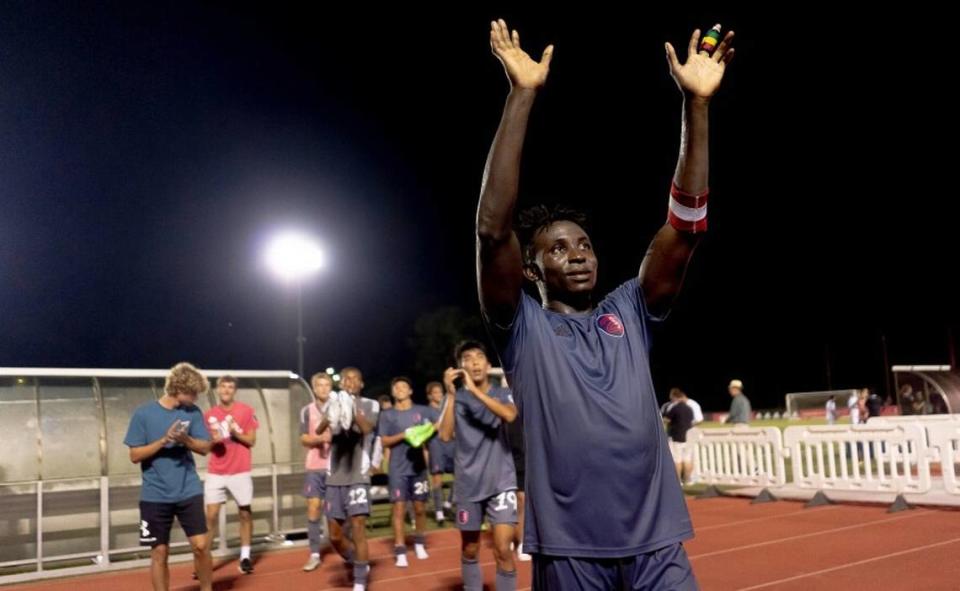 St. Louis City 2 defender Joshua Yaro waves and thanks the team’s fan section on Aug. 6 after defeating Chicago Fire 2, 2-1, at Ralph Korte Stadium in Edwardsville.