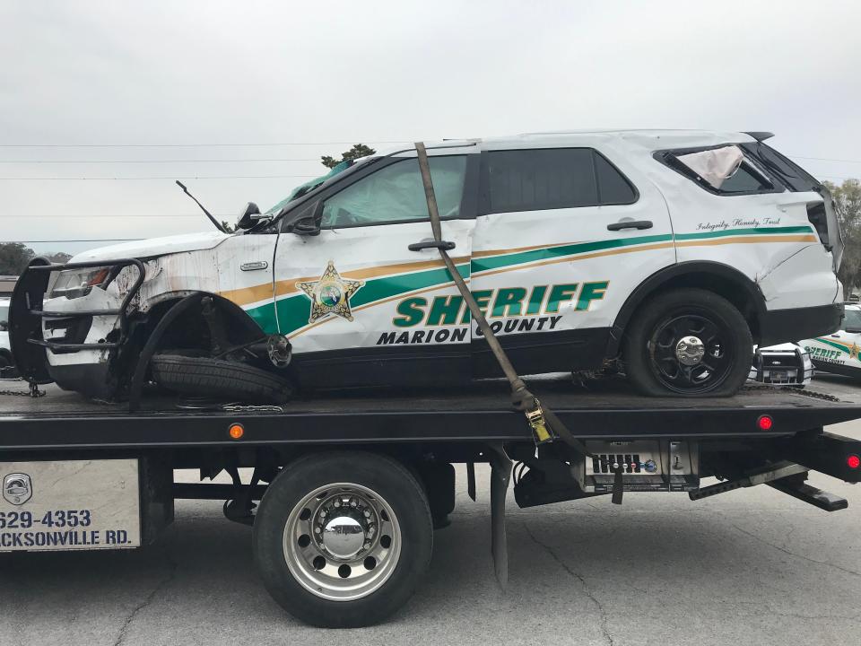 A picture of the damaged deputy's cruiser at the time of the crash