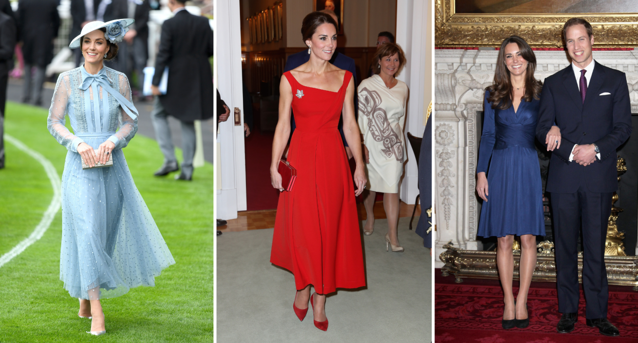 kate middleton in blue dress at royal ascot, kate middleton in red dress in victoria BC, kate middleton and prince william announce engagement 