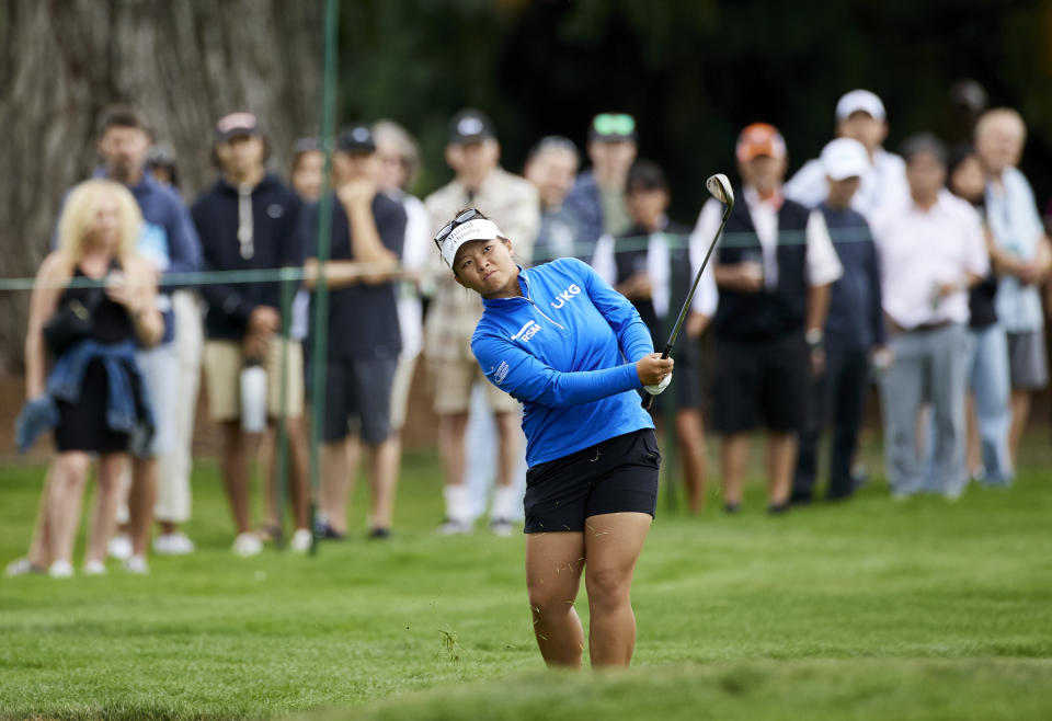 Megan Khang hits from the rough on the fifth hole during the final round of the LPGA Portland Classic golf tournament in Portland, Ore., Sunday, Sept. 3, 2023. (AP Photo/Craig Mitchelldyer)