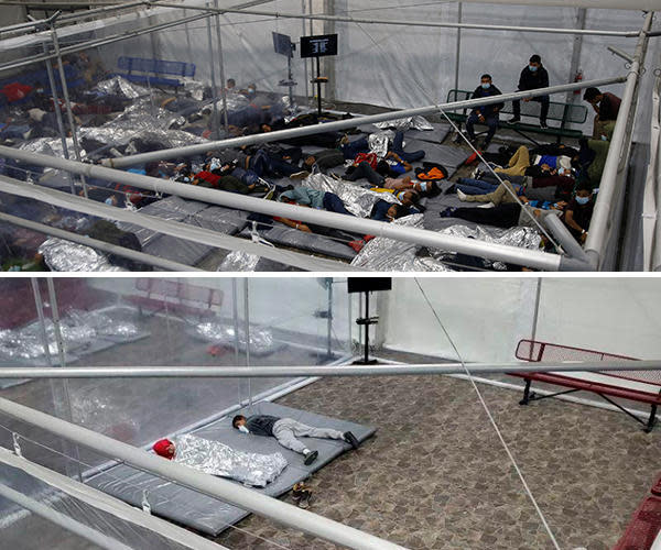 Above, migrants are crowded into a temporary holding facility in Donna, Texas, on March 30, 2021. Below, a photo provided by Customs and Border Protection shows the same facility holding a handful of migrants on April 30, 2021. / Credit: DARIO LOPEZ-MILLS/POOL/AFP via Getty Images; Customs and Border Protection