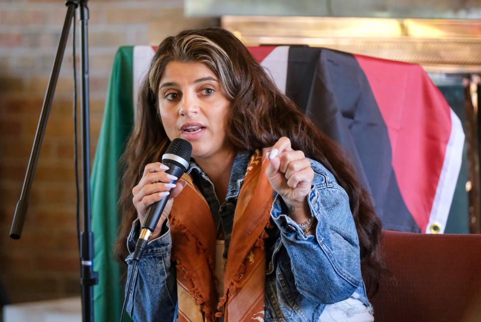 Lexis Zeidan a national speaker on Palestinian issues, speaks to the audience as a panel member about Michigan's uncommitted vote and what it could mean for the upcoming presidential election Saturday, April 13, 2024. The event, entitled "The Path to a Free Palestine: History, Crisis, and Action" was held at University United Methodist Church in East Lansing.