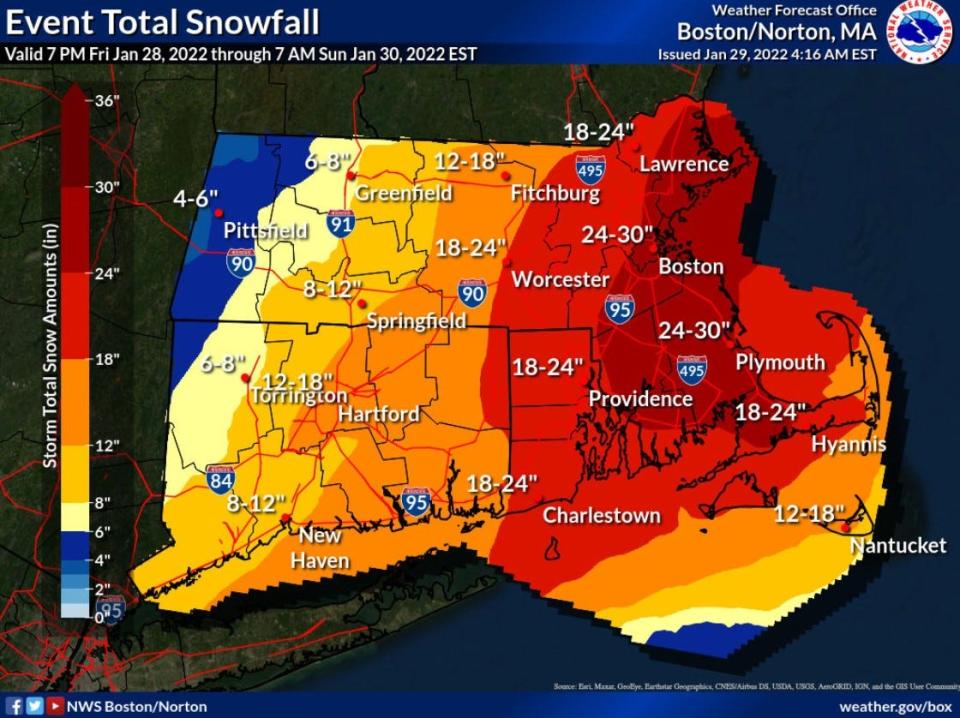 The storm track shifted to the west overnight. Rhode Island, which is under a blizzard warning, should get 18 to 24 inches.