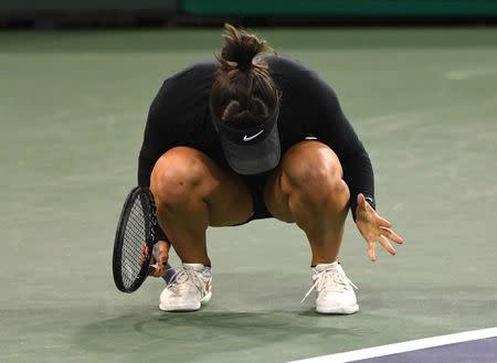 Mar 15, 2019; Indian Wells, CA, USA; Bianca Andreescu (CAN) reacts at match point as she defeats Elina Svitolina (not pictured) during her semifinal match in the BNP Paribas Open at the Indian Wells Tennis Garden. Mandatory Credit: Jayne Kamin-Oncea-USA TODAY Sports