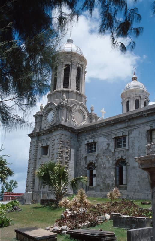 The twin towers of the 200 year-old St John's Cathedral in St John's, Antigua.