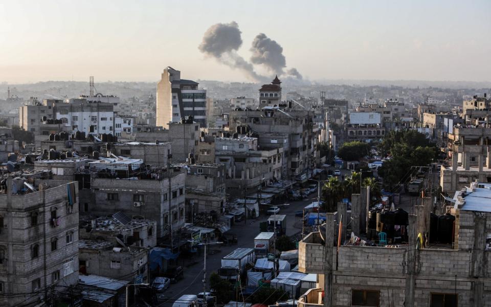 Smoke rises after Israeli airstrikes in eastern Rafah, Gaza on May 07, 2024. The Israeli army said that its forces have seized control of the Palestinian side of the Rafah border crossing with Egypt.