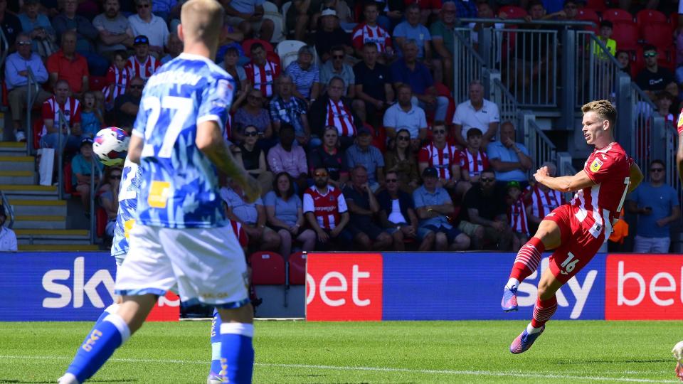 Harry Kite scores an impressive volley in Exeter's first home game in League One last season