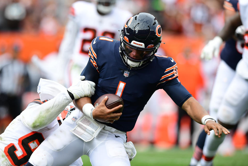 The Chicago Bears allowed Justin Fields a month's worth of hits in a single game in his first NFL start. (Photo by Emilee Chinn/Getty Images)