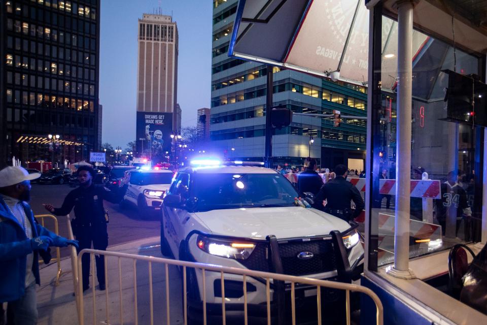 Detroit Police barricade on Griswold Street in front of American Coney Island during the NFL Draft in Detroit on Thursday, April 25, 2024.