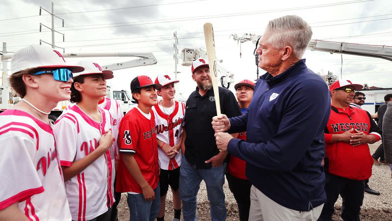Former Major League Baseball superstar Dale Murphy talks with a group of young baseball players from the Rose Park area as they join Gov. Spencer Cox and other dignitaries at the groundbreaking of the Rocky Mountain Power District property in Salt Lake City on Wednesday, April 12, 2023. Big League Utah, the group working to bring a major league team to the state, launched a public survey to gather feedback on a potential team and a new ballpark. 