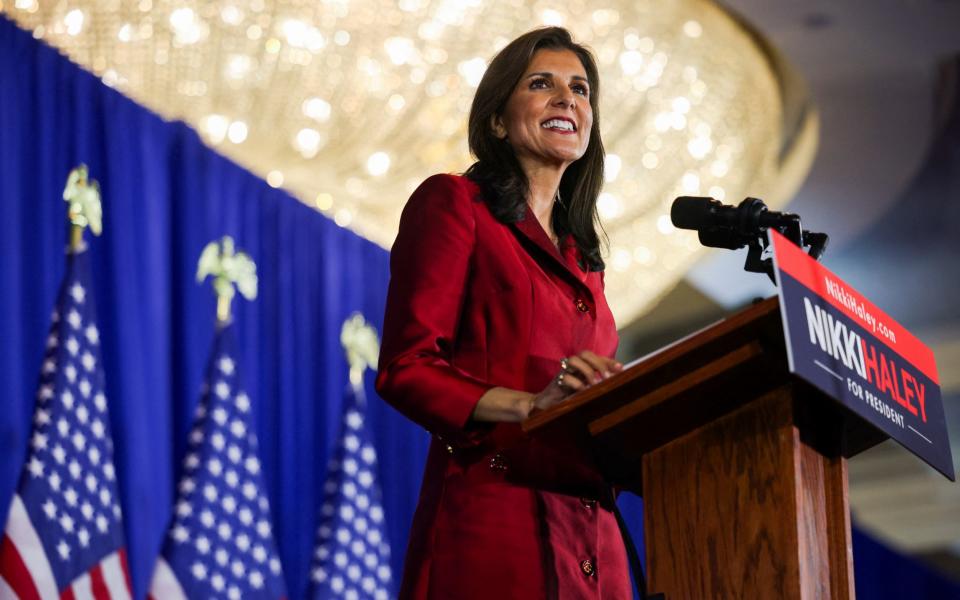 Nikki Haley speaks on stage at her watch party during the Republican presidential primary election in Charleston, South Carolina