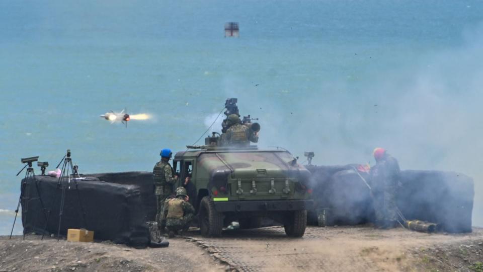 A soldier launches an American-made TOW 2A missile during a live-fire exercise in Pingtung County, Taiwan, on July 3, 2023. (Sam Yeh/AFP via Getty Images)