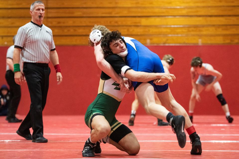 Day 1 of the Bergen County Wrestling Tournament at Hackensack High School on Saturday, January 22, 2022. Alex Almeyda (St. Joseph) on his way to defeating Jake Wacha (NV Demarest) in their 138 pound match.