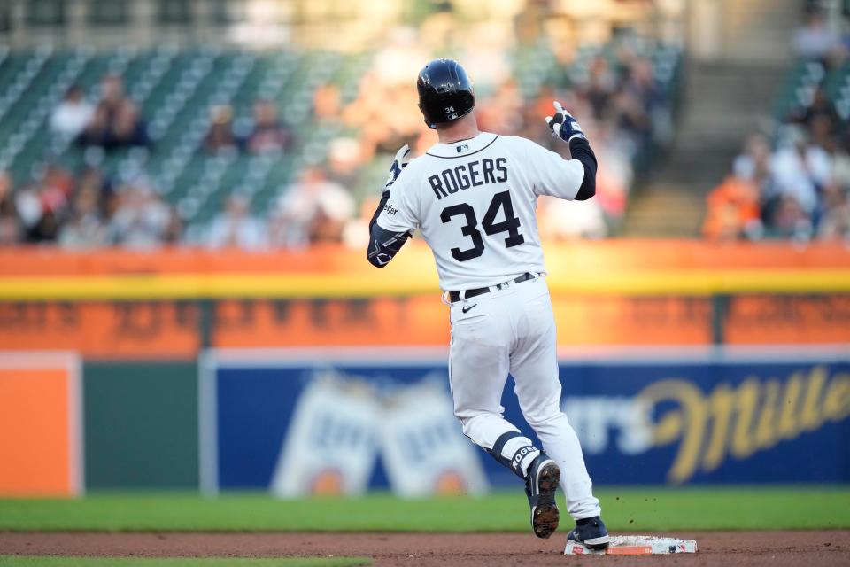 Detroit Tigers' Jake Rogers reacts after his solo home run during the third inning against the New York Yankees at Comerica Park in Detroit on Wednesday, Aug. 30, 2023.