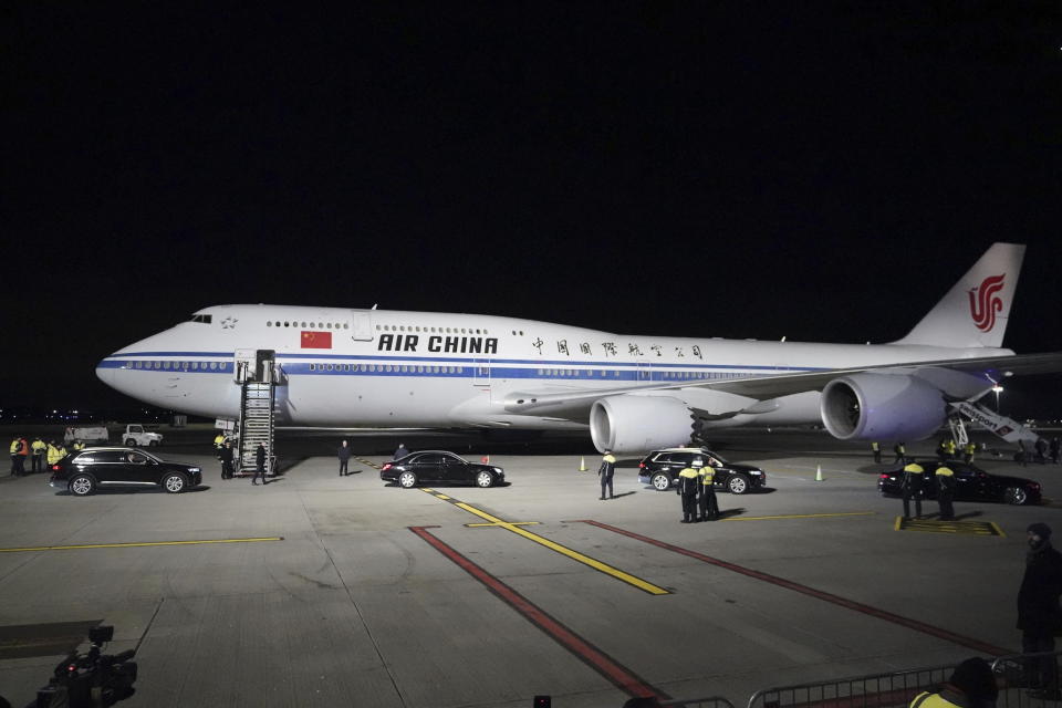 The plane carrying Chinese premier Li Qiang arrives at Dublin Airport in Dublin, Tuesday, Jan. 16, 2024, for his two-day visit to Ireland. (Niall Carson/PA via AP)