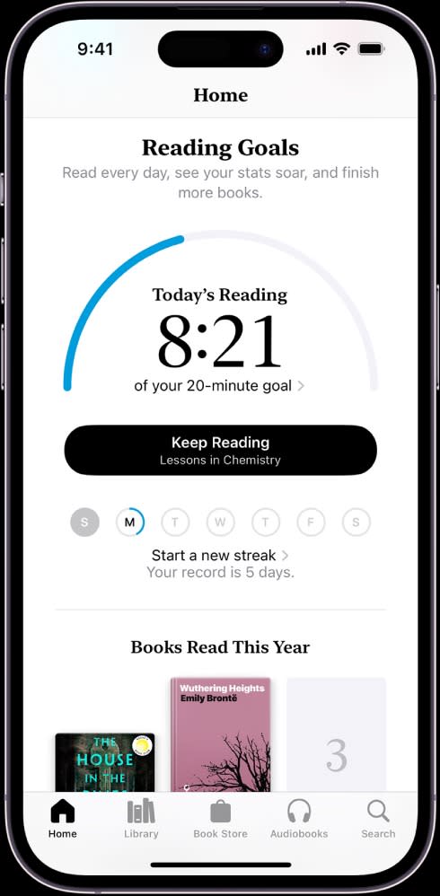 The update also added features to the Books app, including reading goals and a counter to keep track of minutes spent reading. Courtesy of Apple