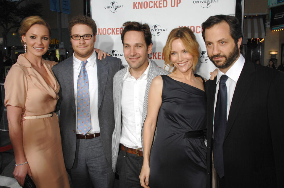 Katherine Heigl, Seth Rogen, Paul Rudd, Leslie Mann and Judd Apatow, director/writer/producer of "Knocked Up."&nbsp; (Photo: Jeff Kravitz via Getty Images)