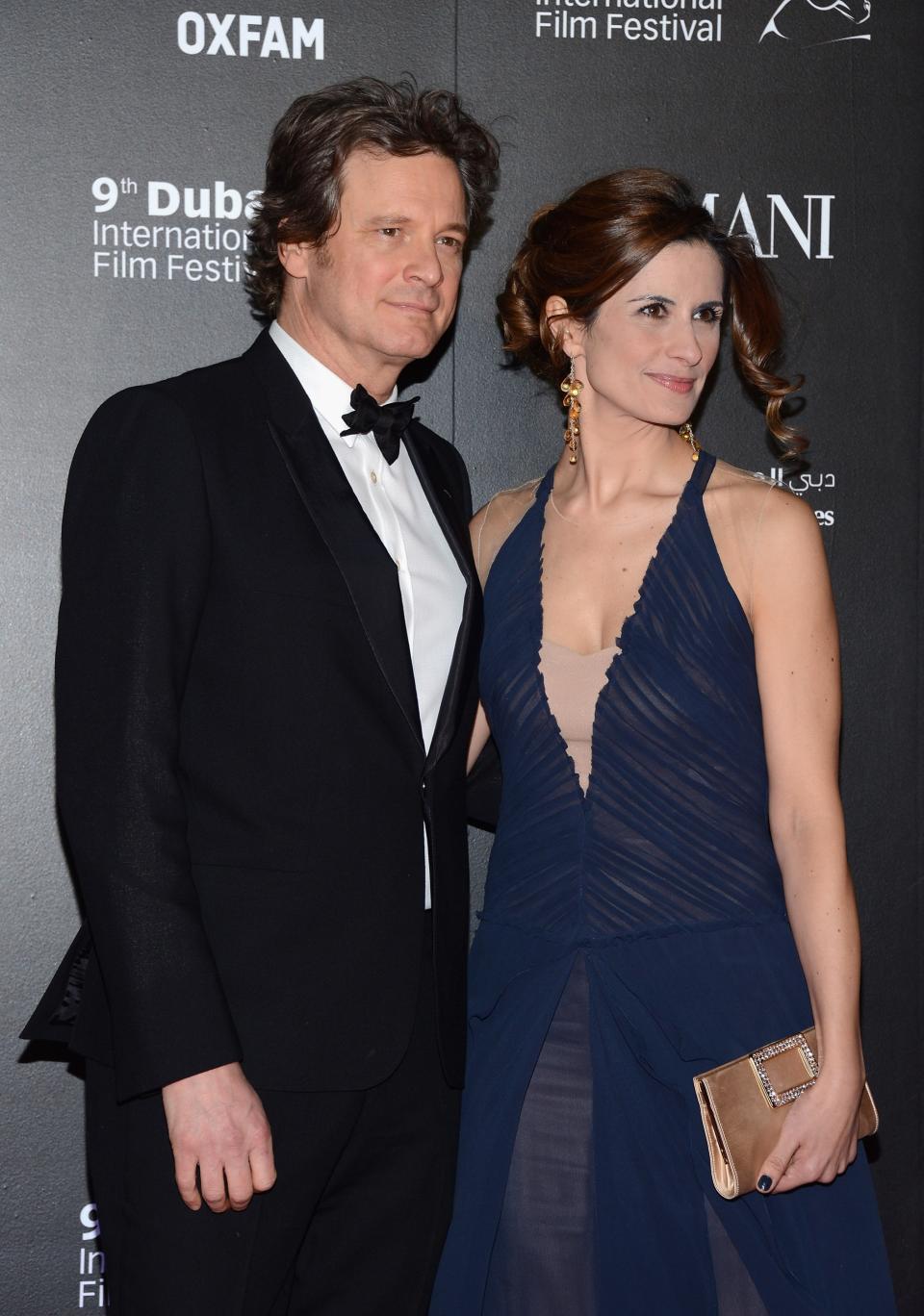 DUBAI, UNITED ARAB EMIRATES - DECEMBER 14: Actor Colin Firth with his wife Livia attend the 2012 Dubai International Film Festival, Dubai Cares and Oxfam "One Night to Change Lives" Charity Gala at the Armani Hotel on December 14, 2012 in Dubai, United Arab Emirates. (Photo by Andrew H. Walker/Getty Images for DIFF)