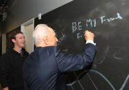 <p>Israeli President Shimon Peres writes on a blackboard with Facebook’s CEO Mark Zuckerberg at the company’s headquarters in Menlo Park, Calif., on March 6, 2012. (REUTERS/Moshe Milner/Office of President Peres) </p>