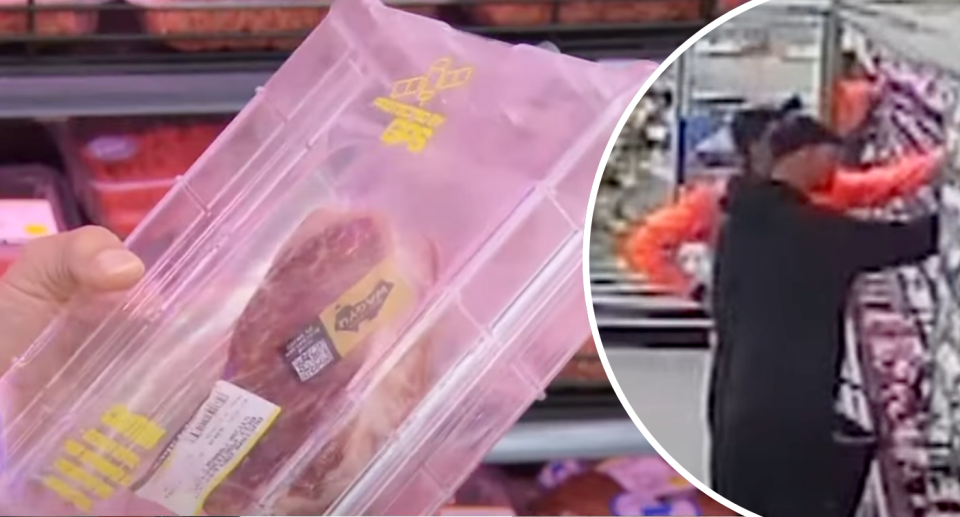 Meat in a security box next to insert of shoplifters in a supermarket