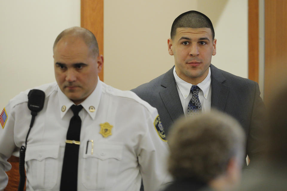 Former New England Patriots football player Aaron Hernandez arrives in the courtroom at Bristol County Superior Court in Fall River, Massachusetts, on April 1, 2015. (Photo: Brian Snyder / Reuters)