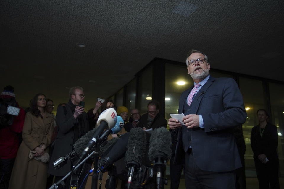 Nigel Parr, senior investigating officer from Cheshire Police, makes a statement to the waiting media, after a boy and a girl, both 16, have been found guilty of the murder of teenager Brianna Ghey in a park, outside Manchester Crown Court, Wednesday Dec. 20, 2023. Brianna, 16, was stabbed with a hunting knife in a park in Culcheth, near Warrington, on the afternoon of February 11. (Peter Byrne/PA via AP)