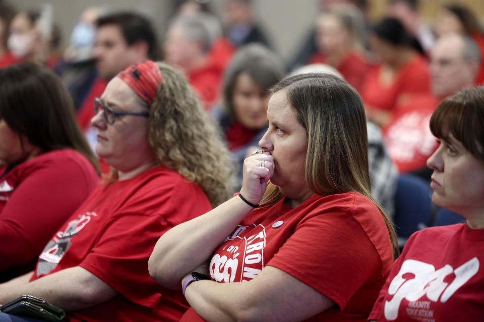 Attendees listen during a special meeting to discuss a resolution condemning the actions of Utah State Board of Education member Natalie Cline at the Granite School District in Salt Lake City on Friday, Feb. 9, 2024. | Laura Seitz, Deseret News