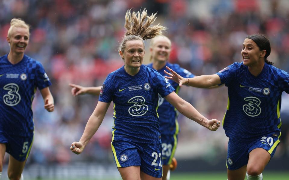 Erin Cuthbert celebrates her wonder goal that helped Chelsea beat Manchester City and win another FA Cup final - GETTY IMAGES