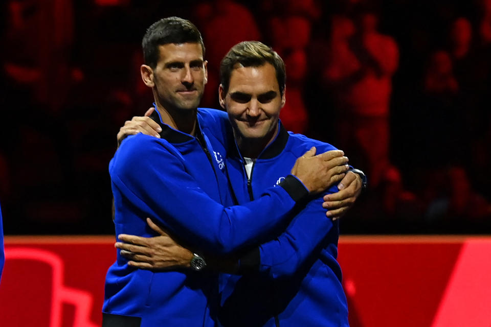 Novak Djokovic, pictured here embracing Roger Federer after the final match at the Laver Cup in London.