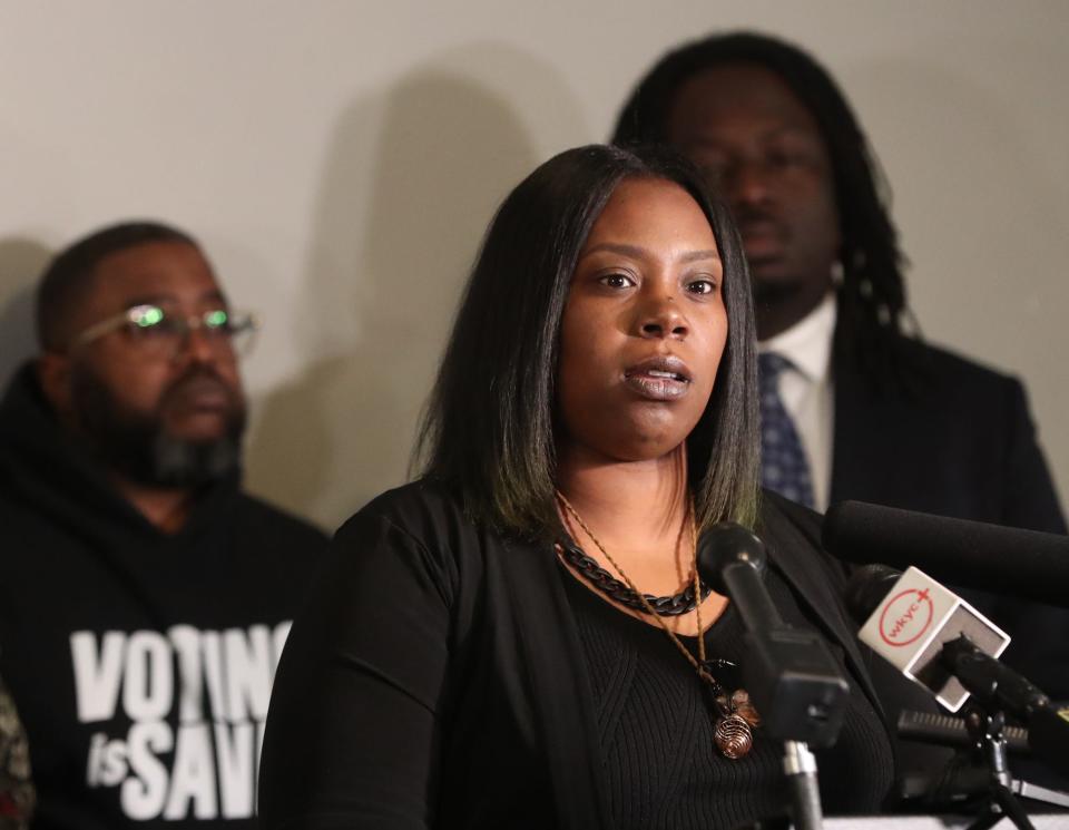 Angel Williams, the mother of Tavion Koonce-Williams, the 15-year-old shot by an Akron police officer on April 1, talks Friday during a press conference in Akron.