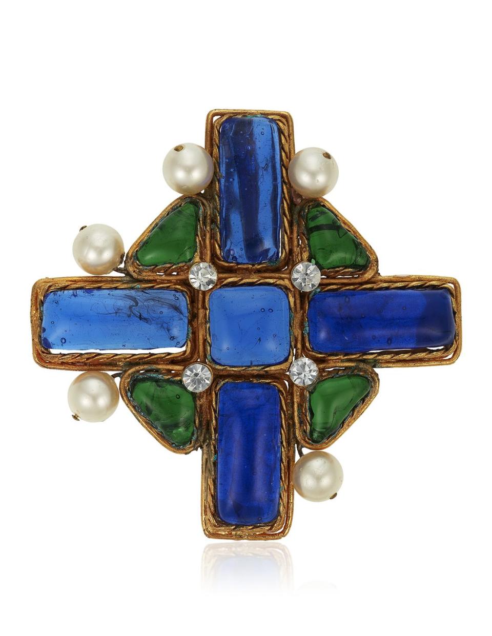 Unsigned Chanel Rhinestone Faux Pearl and Gripoix Glass Cross Pendant Brooch